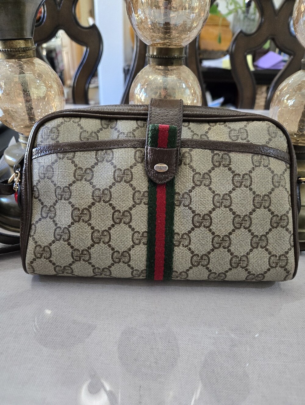 Gucci Brown Monogram Crossbody Bag With Green And Red Stripe